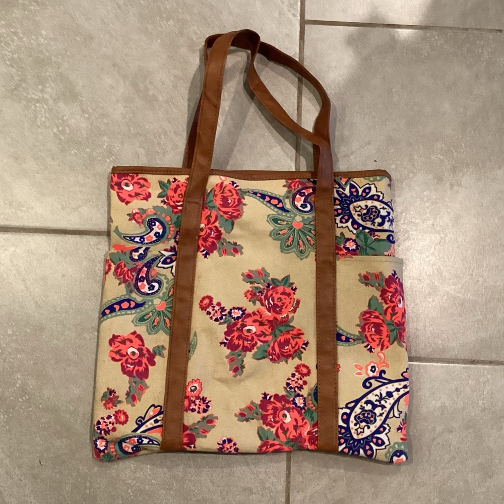 Floral Canvas Tote Bag with Brown Straps